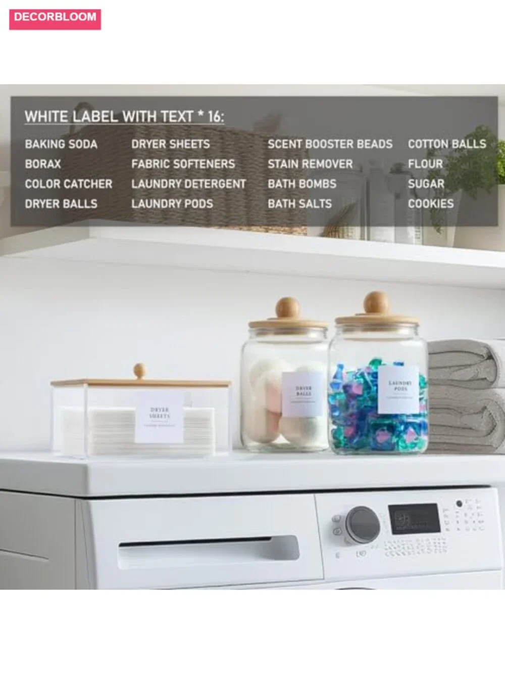 Glass Jars & Dryer Sheet Holder with Bamboo Lids, Laundry Room Storage Set